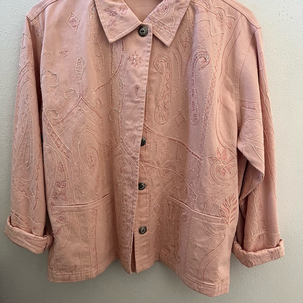 Chico's Light Pink Embroidered Jean Jacket